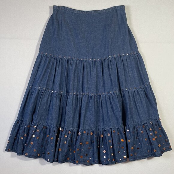 Carrie Allen Tiered Denim Midi Skirt Size L Blue with Copper Metallic Sequins - Picture 1 of 15
